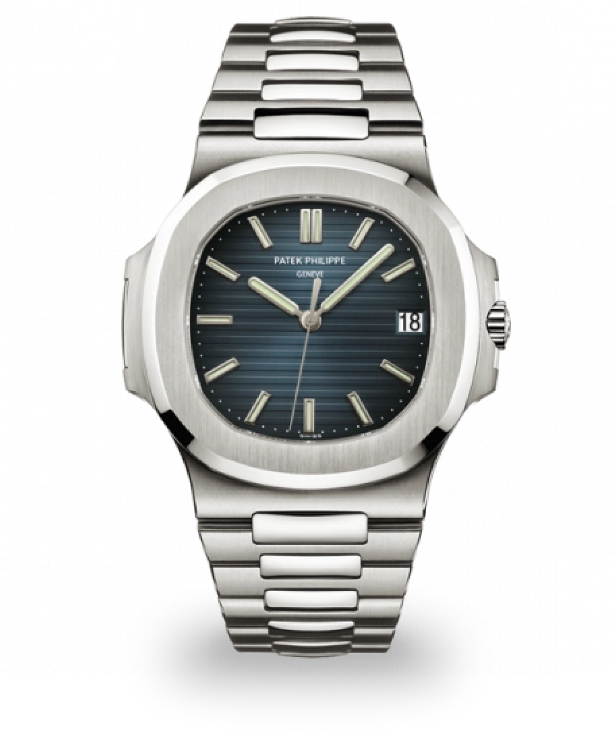 a silver patek philippe watch with a blue-grey dial