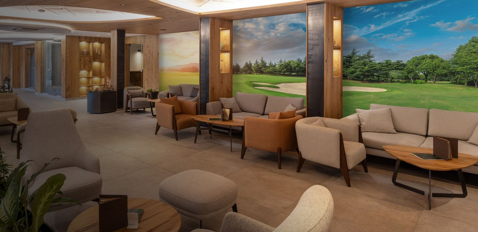 golf course wall murals in a golf club lounge
