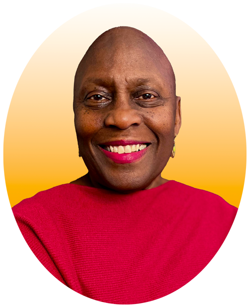 image: oval headshot of Dr. Laurene Simms wearing a pair of small earrings and red lipstick in a red blouse on a buff gradient background.