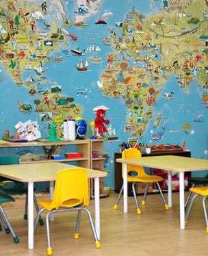 children's world map mural in school classroom