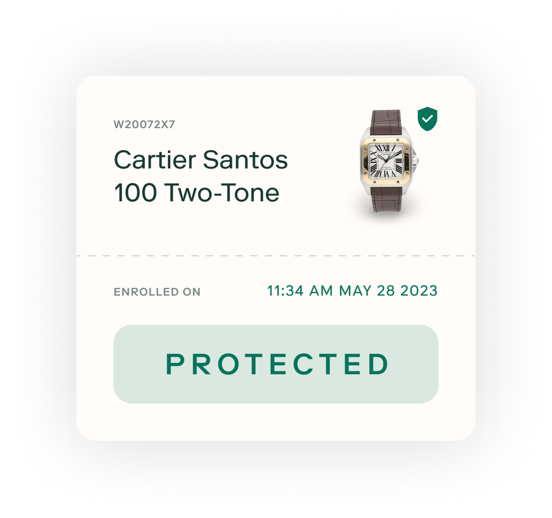 an information card showing the insurance coverage status of a Cartier Santos watch