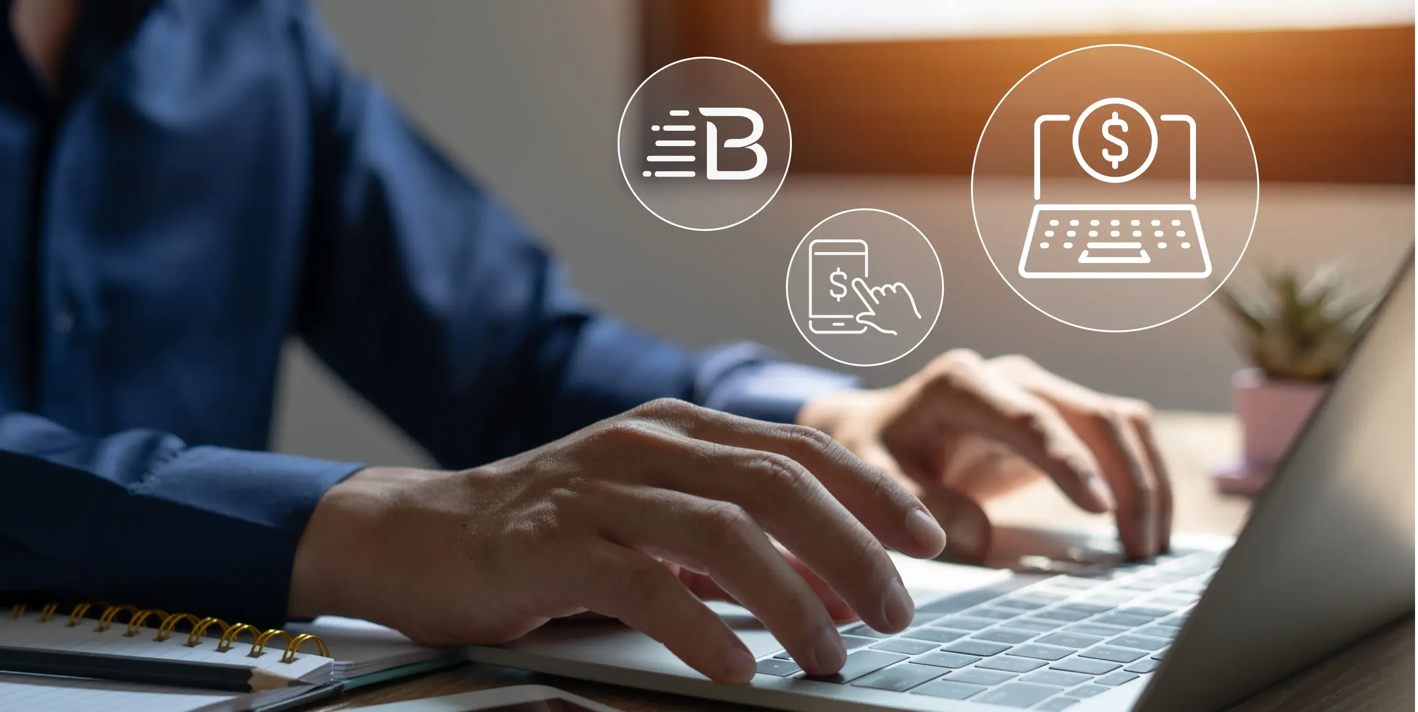 Man typing on laptop with bubbles representing e-commerce and Bluetape