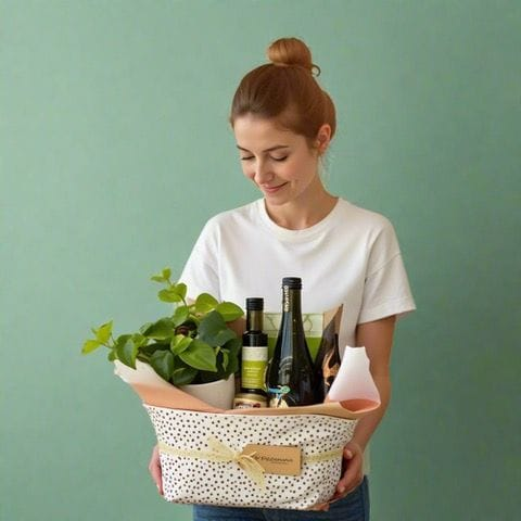 Branded gift box containing a plant, book, and accessories