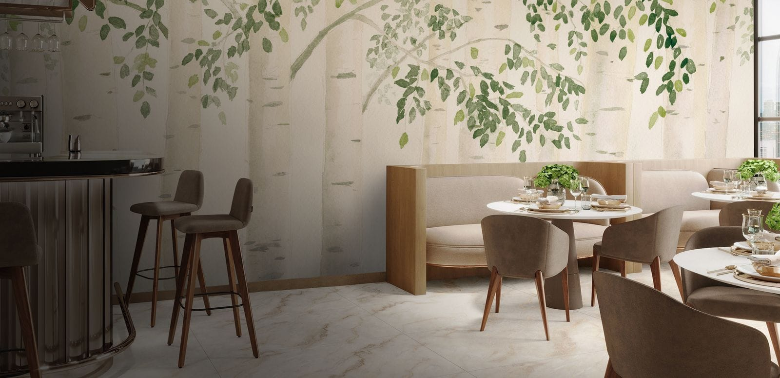 birch forest wallpaper mural in a restaurant