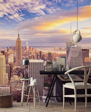 city skyline wall mural in an office
