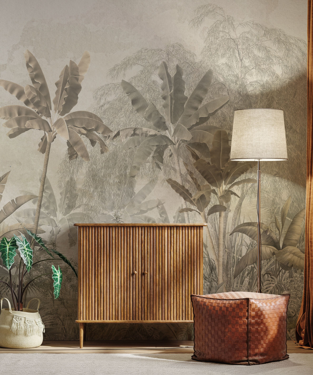 greige vintage style jungle wallpaper mural in a cosy living room