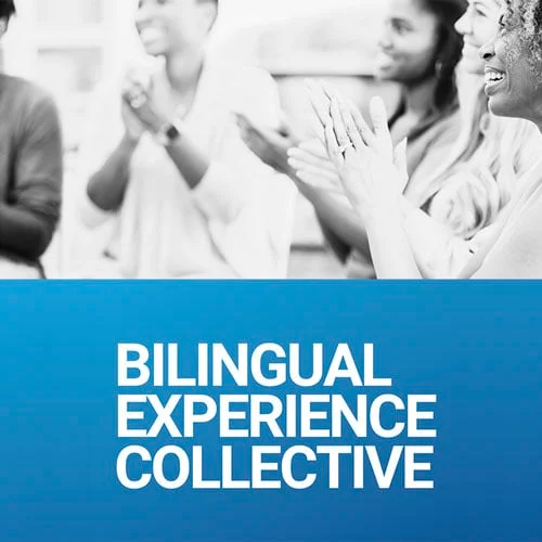 image: black and white picture of people applauding in a group with white "BILINGUAL EXPERIENCE COLLECTIVE" on blue background.