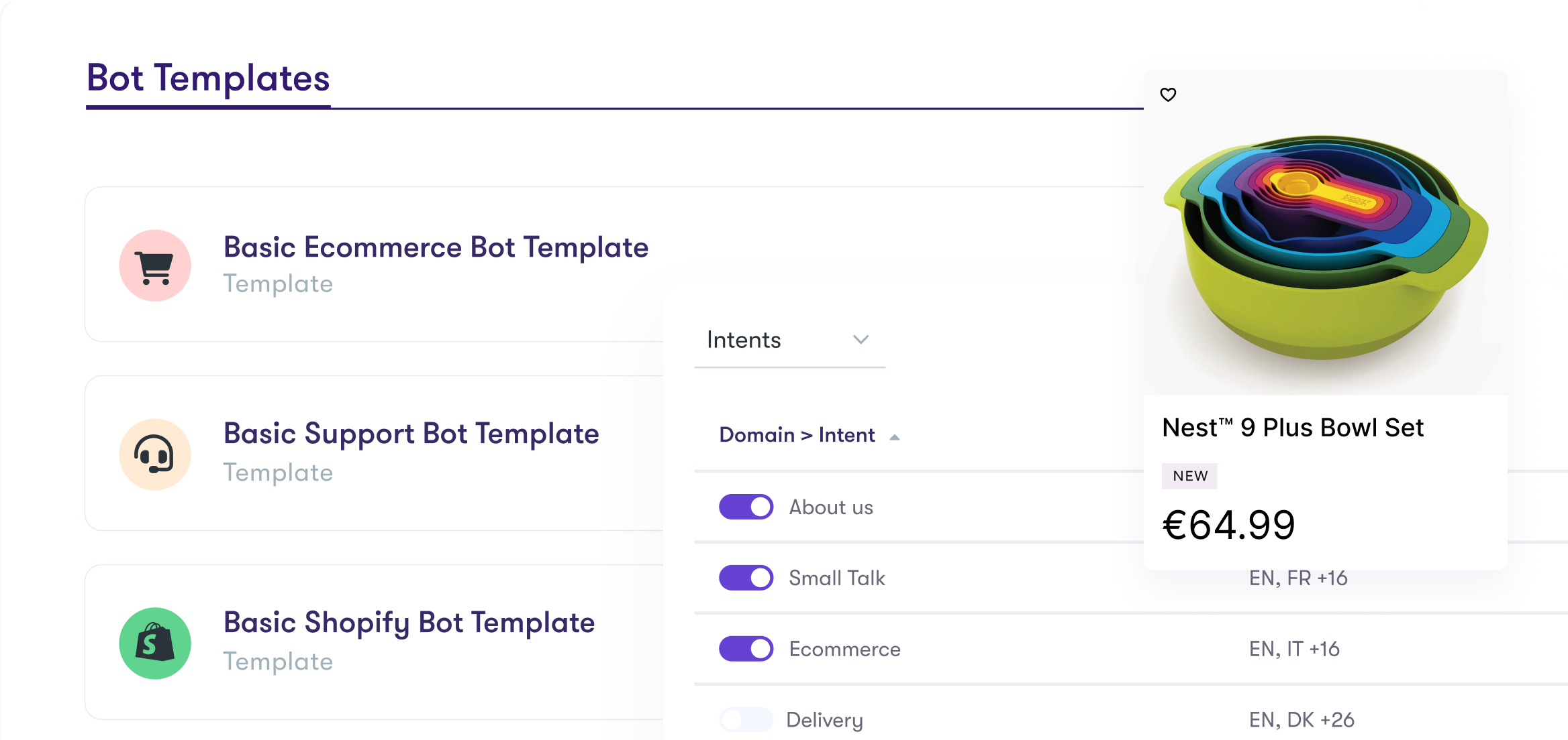 A screenshot of the Certainly bot templates, the NLU trainer, and a product from Joseph Joseph. 