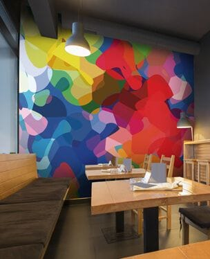 colourful abstract wall mural in a restaurant