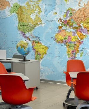 world map wall mural in college classroom