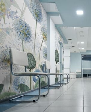blue floral wallpaper in waiting room