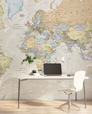world map wallpaper mural in an office