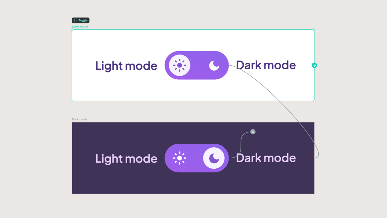 Mockups of a light and dark mode of a toggle with prototyping connectors. 