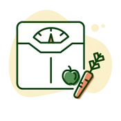 An illustration representing a scale and healthy food options