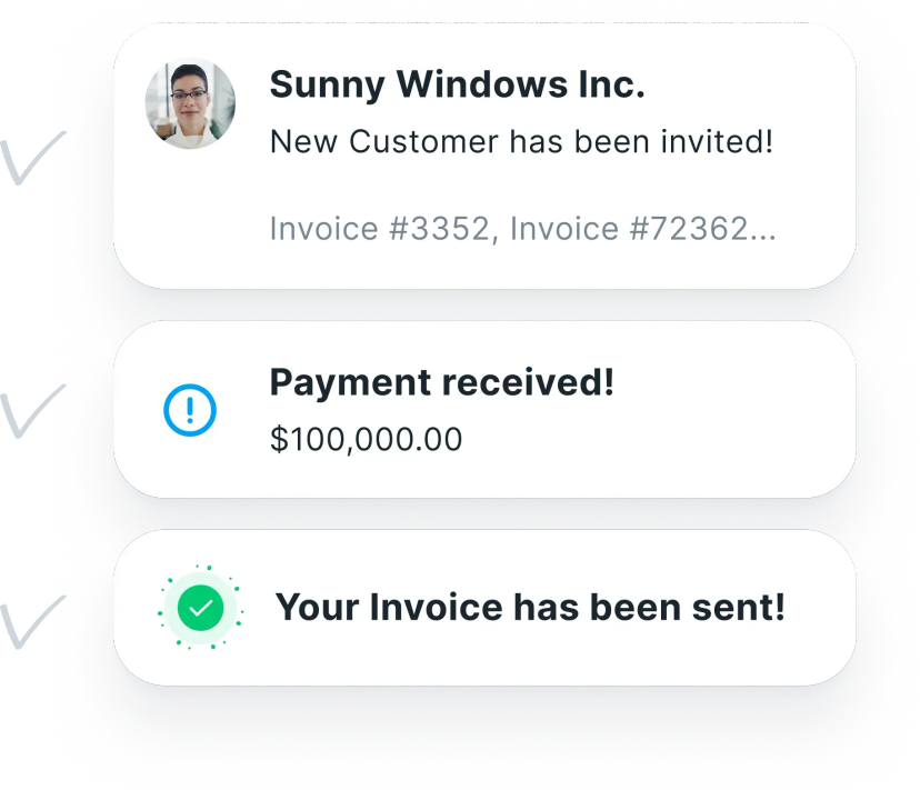 Notification displaying a customer invite, a payment received, and an invoice being sent