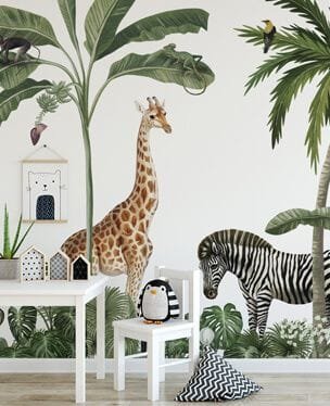 playful animal wallpaper mural in a child's playroom