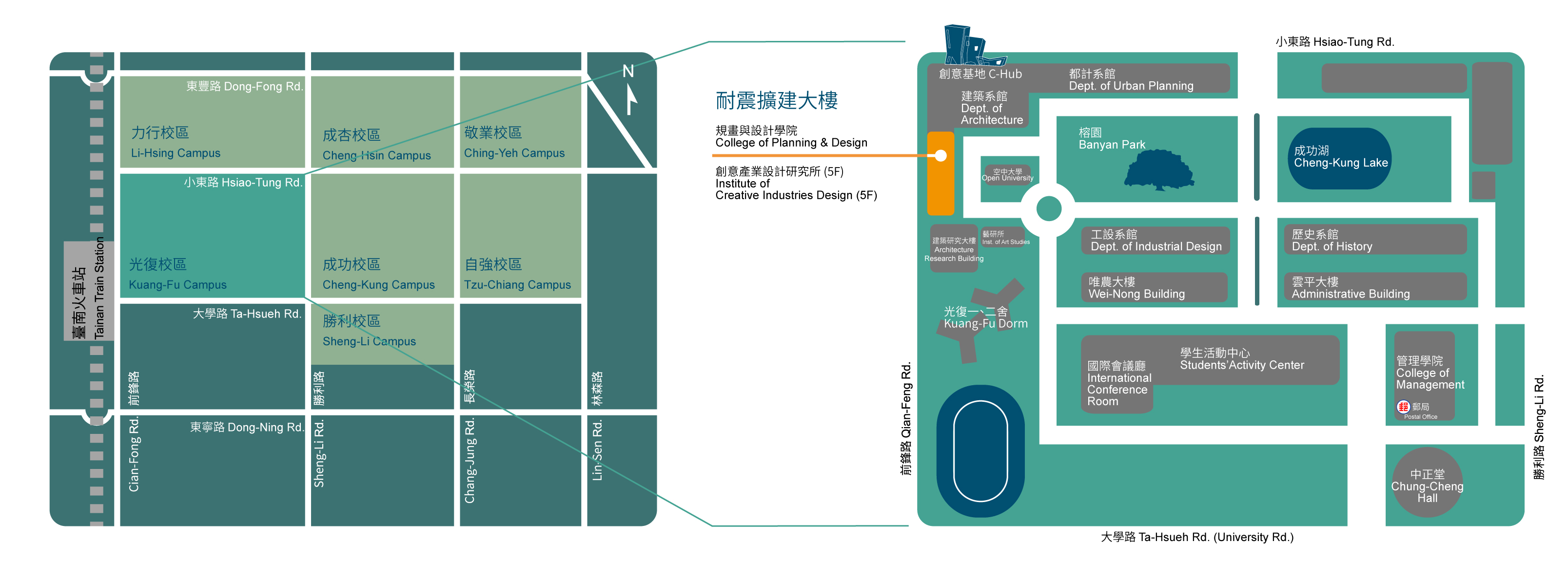 耐震擴建大樓校園地圖。左側顯示校園總覽，標示力行校區、成杰校區、敬業校區、光德校區、成功校區、自強校區和勝利校區，以及東豐路、小東路、大學路、東寧路等主要街道。右側為中心區域詳細地圖，包括創意基地C-Hub、建築系館、都市規劃學系、班雅公園、工業設計系館、農業陳列館、衛生大樓、光德宿舍、學生活動中心、國際會議廳、中正堂、行政大樓、歷史系館、管理學院、成功湖和各主要建築設施。地圖以綠色調呈現，具有中英文標註。