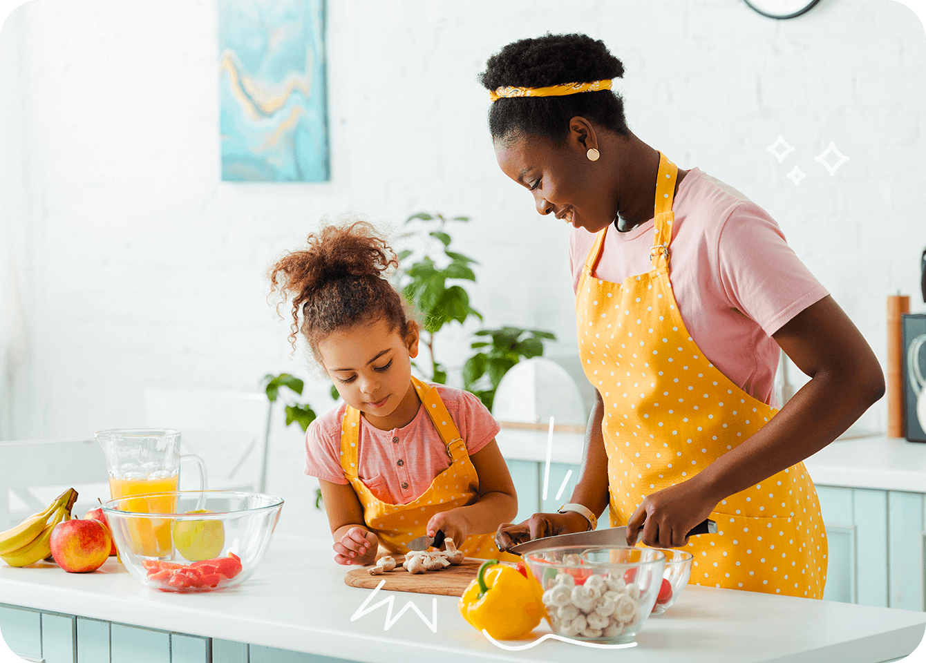 A photo of a happy mother and daughter working on a delicious healthy meal