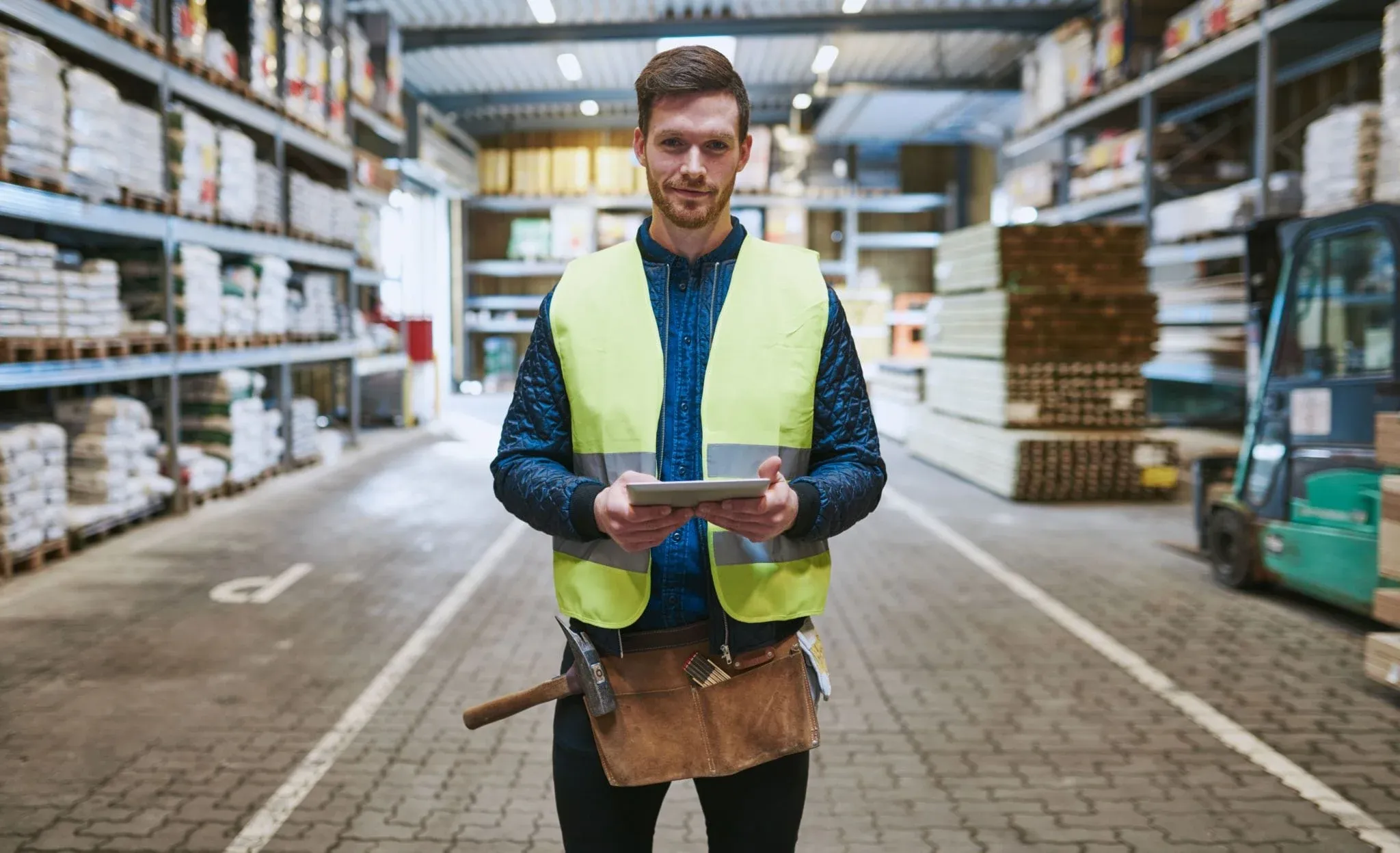 Smiling man holding tablet in building material warehouse