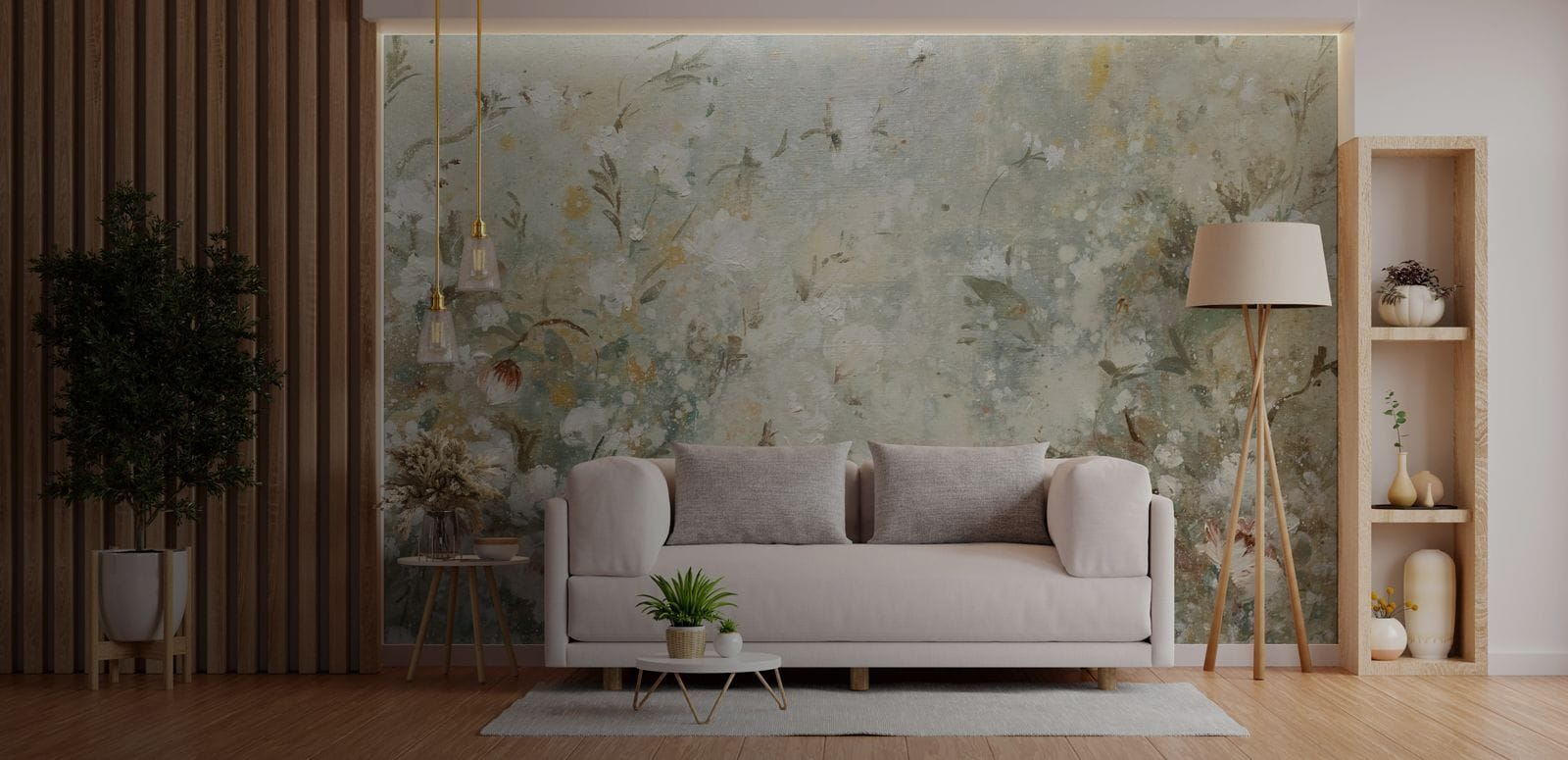 floral wallpaper mural in a minimalist living room