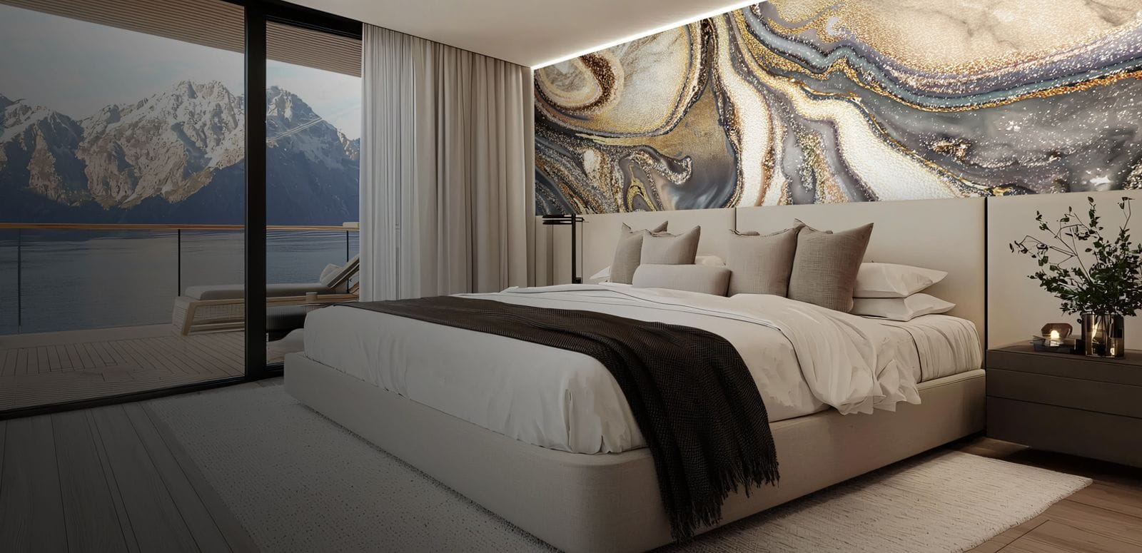 golden geode wall mural in a stylish cruise cabin bedroom