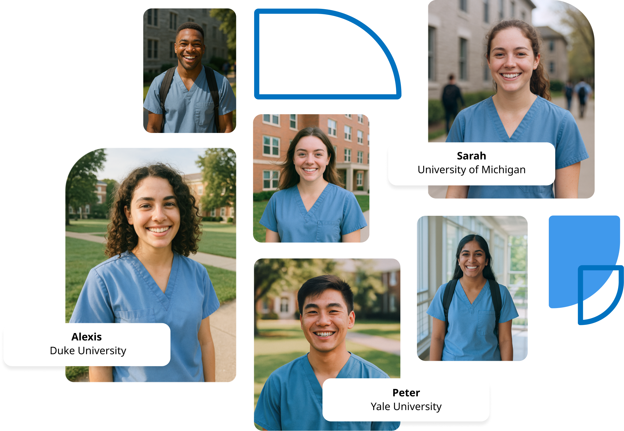 collage of smiling prehealth students dressed in light blue scrubs from Duke University, Yale University, and University of Michigan