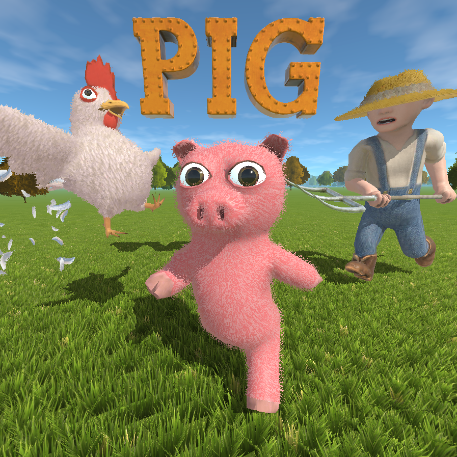 Pig running in a field being chased by a farmer and attacked by a chicken.