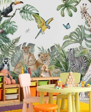 animal wall mural in nursery classroom