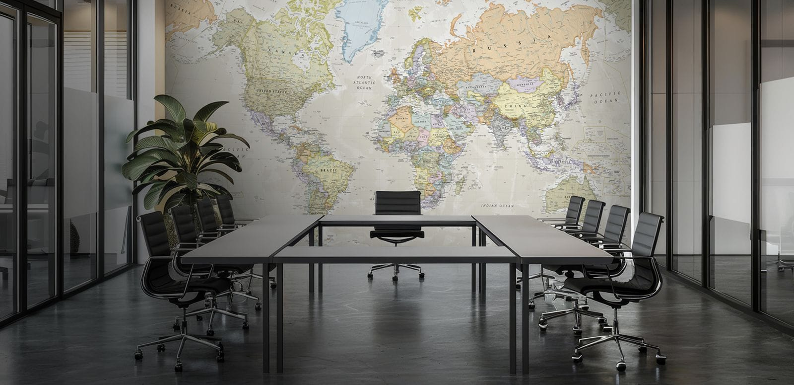 classic world map wall mural in an office boardroom