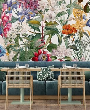 floral wallpaper mural in a restaurant