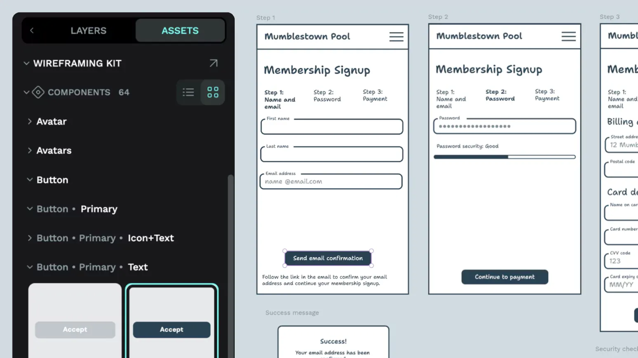 Creating mobile UI wireframes using components from the wireframing kit shared library.