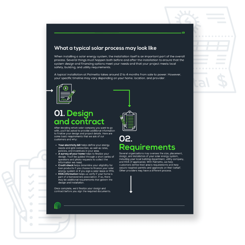 A page from Palmetto's Guide to Solar that details the solar installation process