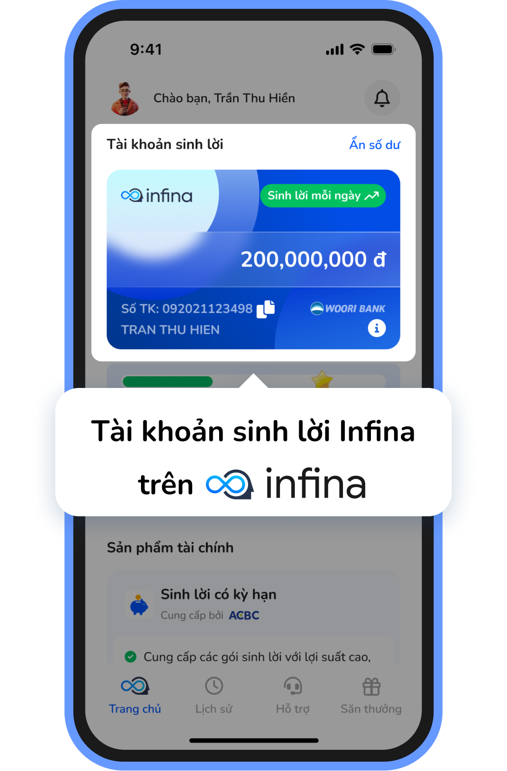 Tài khoản sinh lời trên ứng dụng Infina