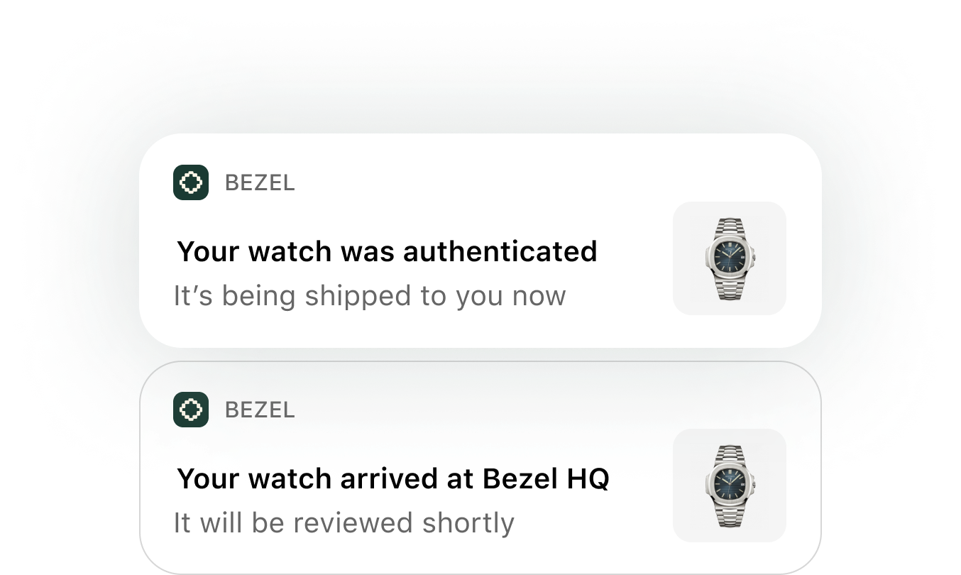 2 notifications showing the status of a watch throughout the shipment process