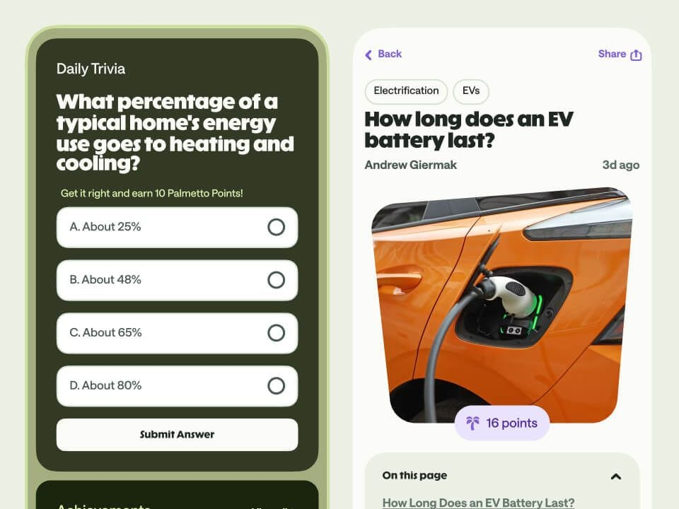 Screenshot of energy trivia and earning points in the Palmetto App