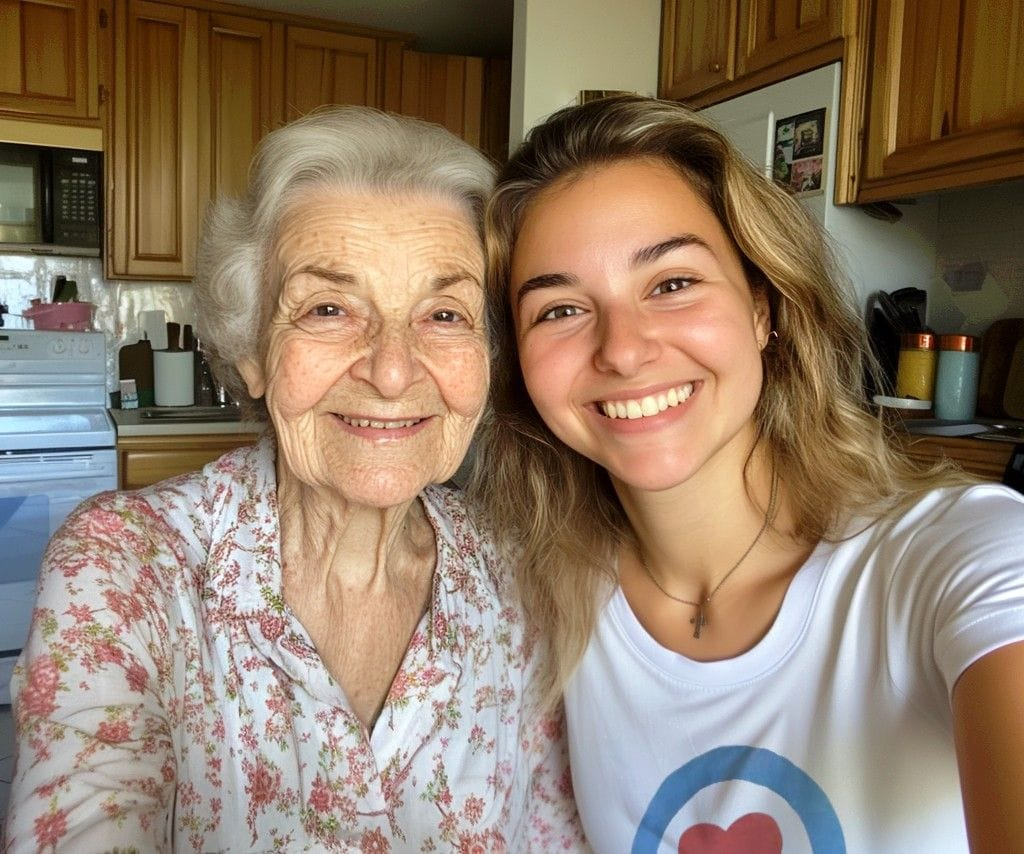 Polaroids of older adults with students in CareYaya t-shirts