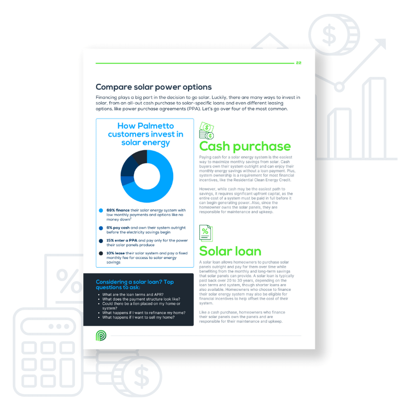 A page from Palmetto's Guide to Solar that compares solar power purchase options