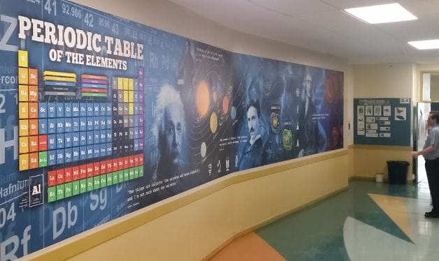 educational periodic table wall mural in a college corridor