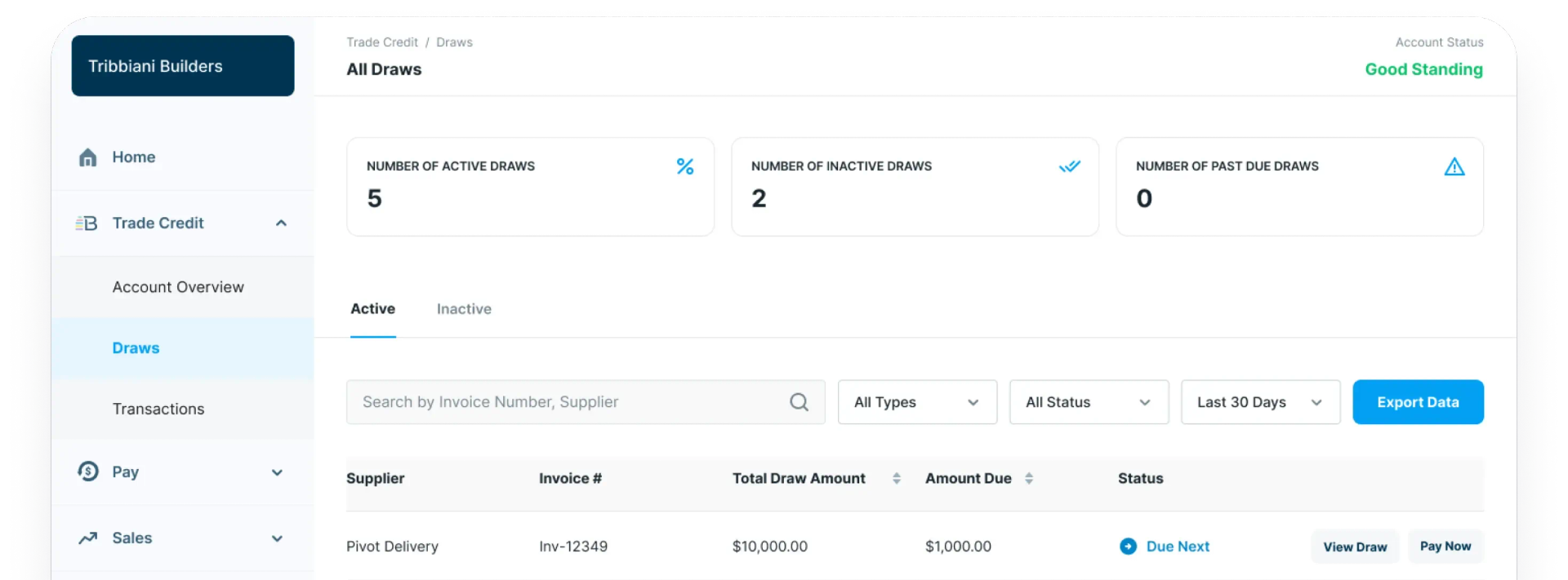 BlueTape's dashboard displaying financing solutions