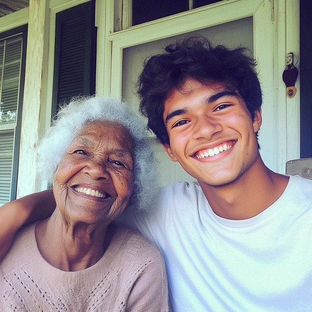 elderly woman and male student caregiver smiling