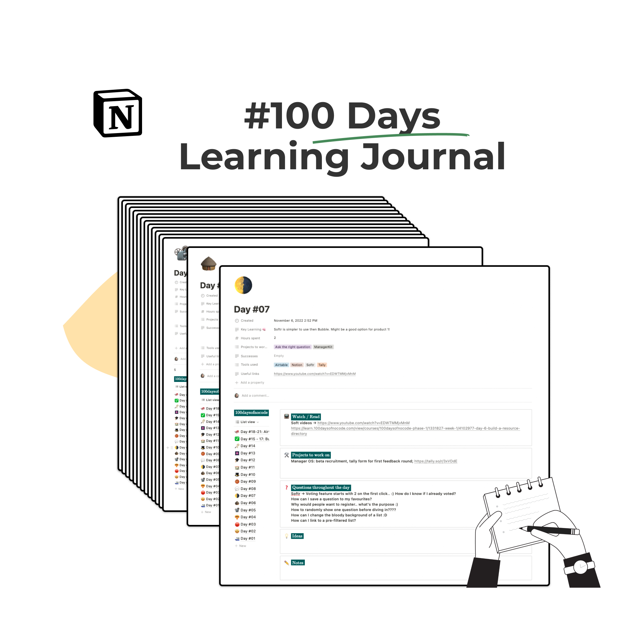 A comprehensive 100-day learning journal template in Notion, ideal for managers seeking structured self-development tools.