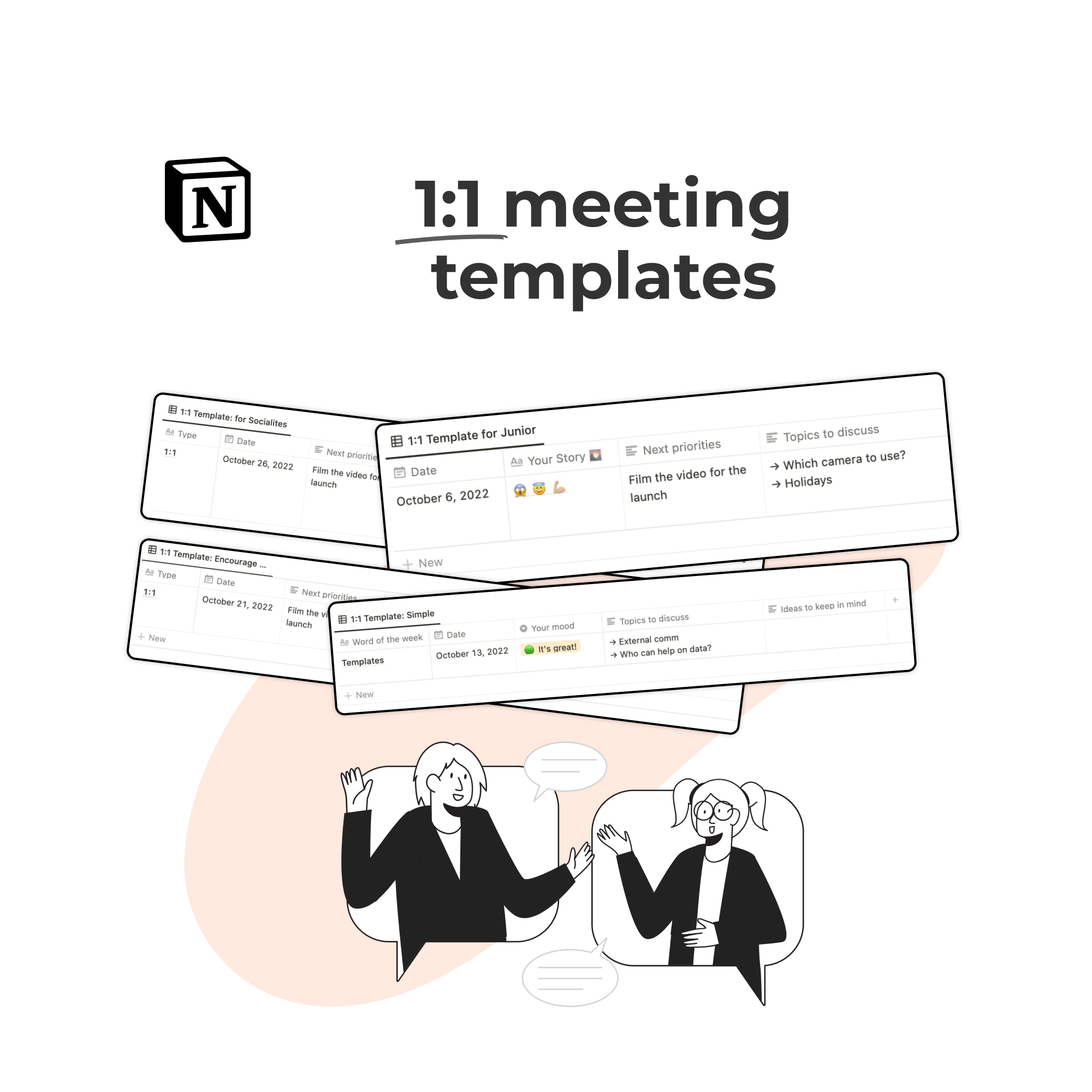 A set of effective 1:1 meeting templates in Notion, aimed at facilitating productive conversations between managers and employees.