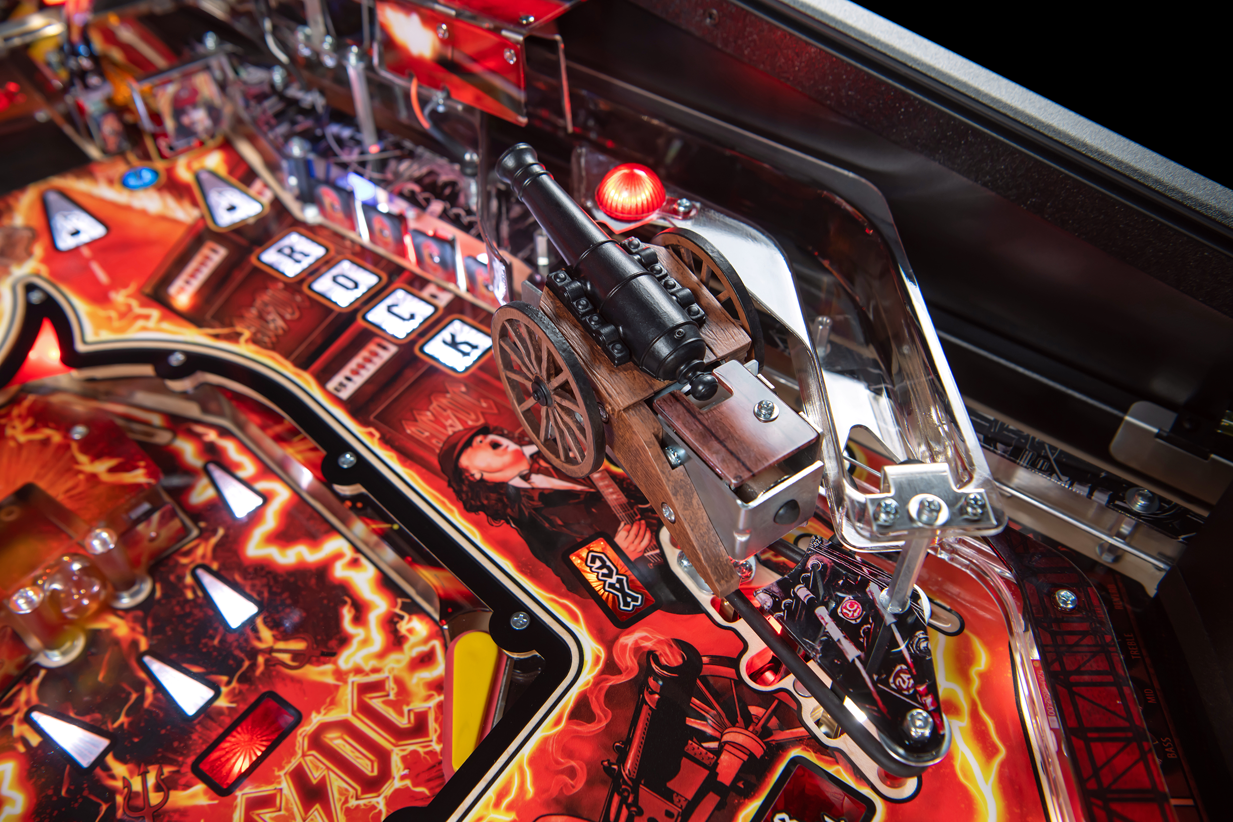 A custom sculpted canon with a plastic ramp to the right on the AC/DC Remastered pinball machine by Stern Pinball.