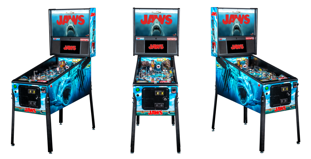 Left, Front, and Right facing cabinet images of Jaws Pro Pinball