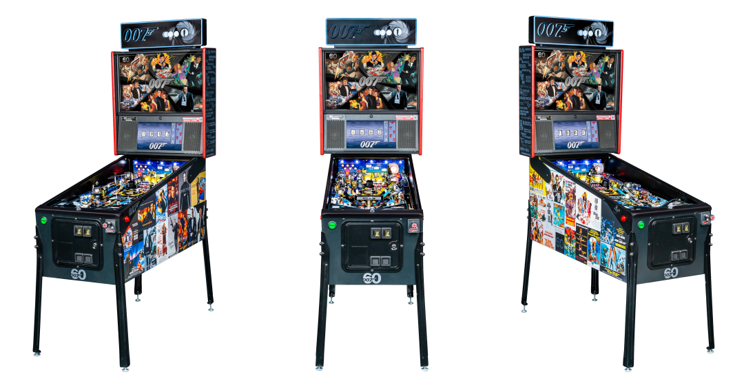 Left, Front, and Right facing cabinet images of James Bond 007 Anniversary Edition pinball