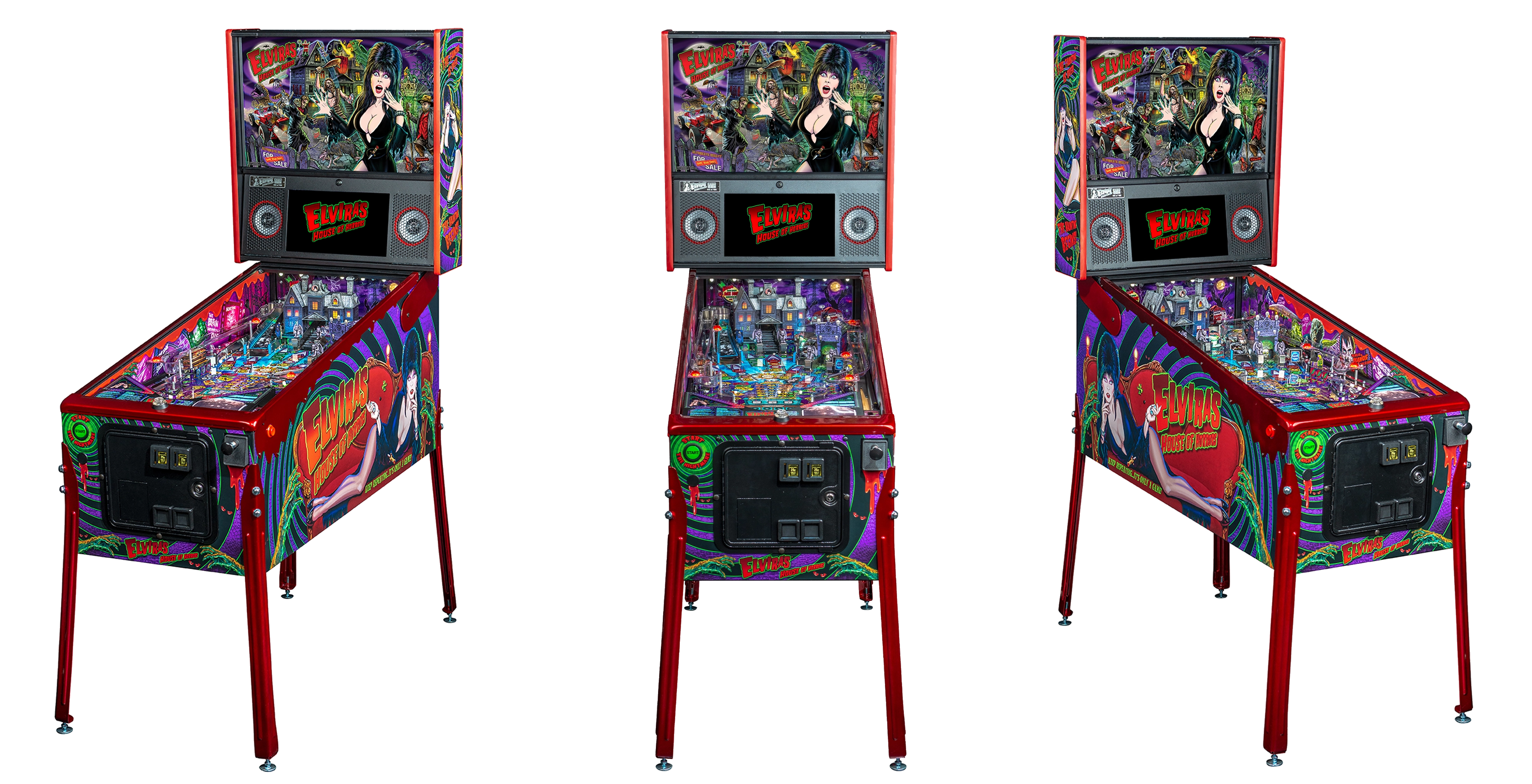 Left, Front, and Right facing cabinet images of Elvira's House of Horror Limited Edition Pinball