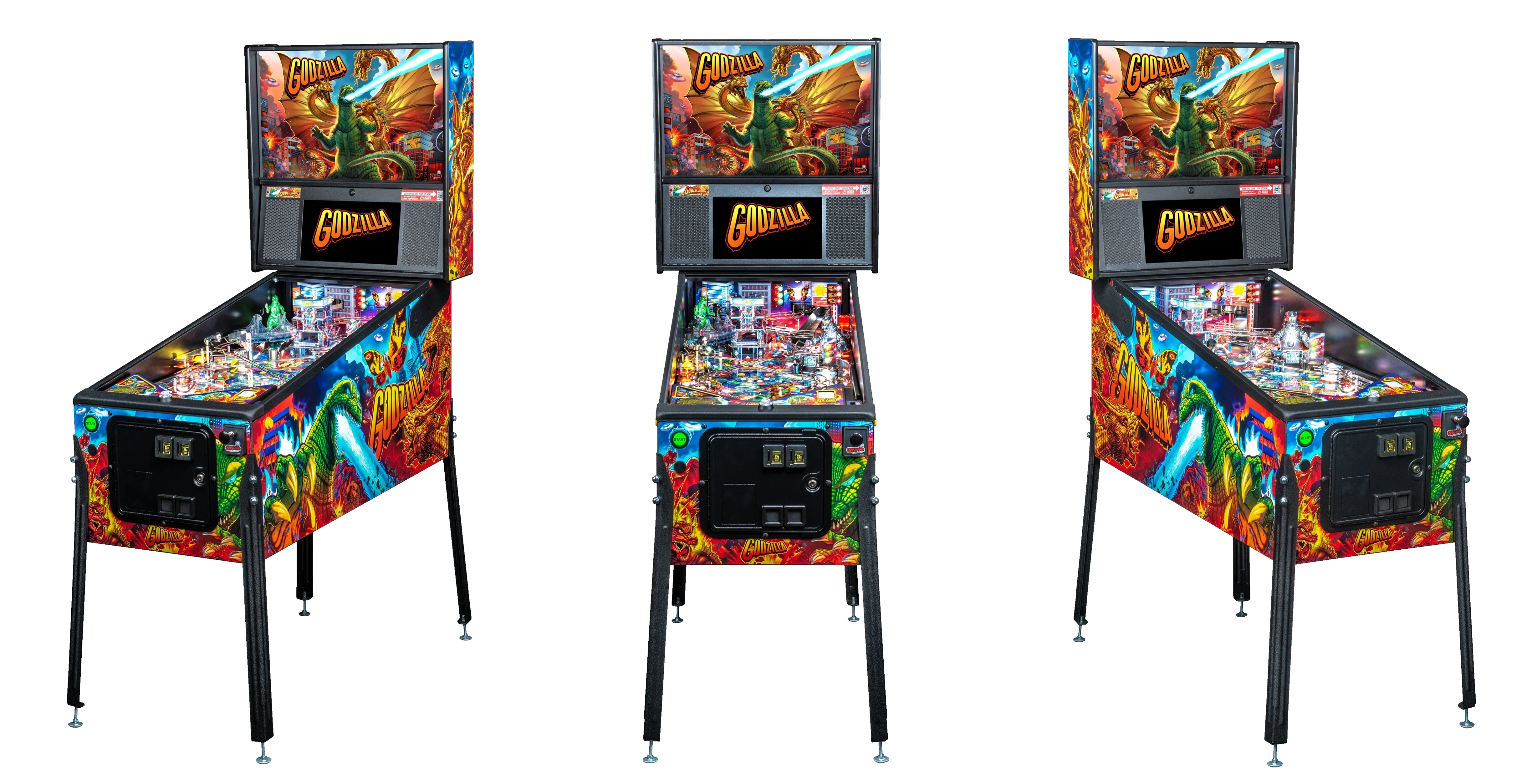 Left, Front, and Right facing cabinet images of Godzilla Premium Pinball