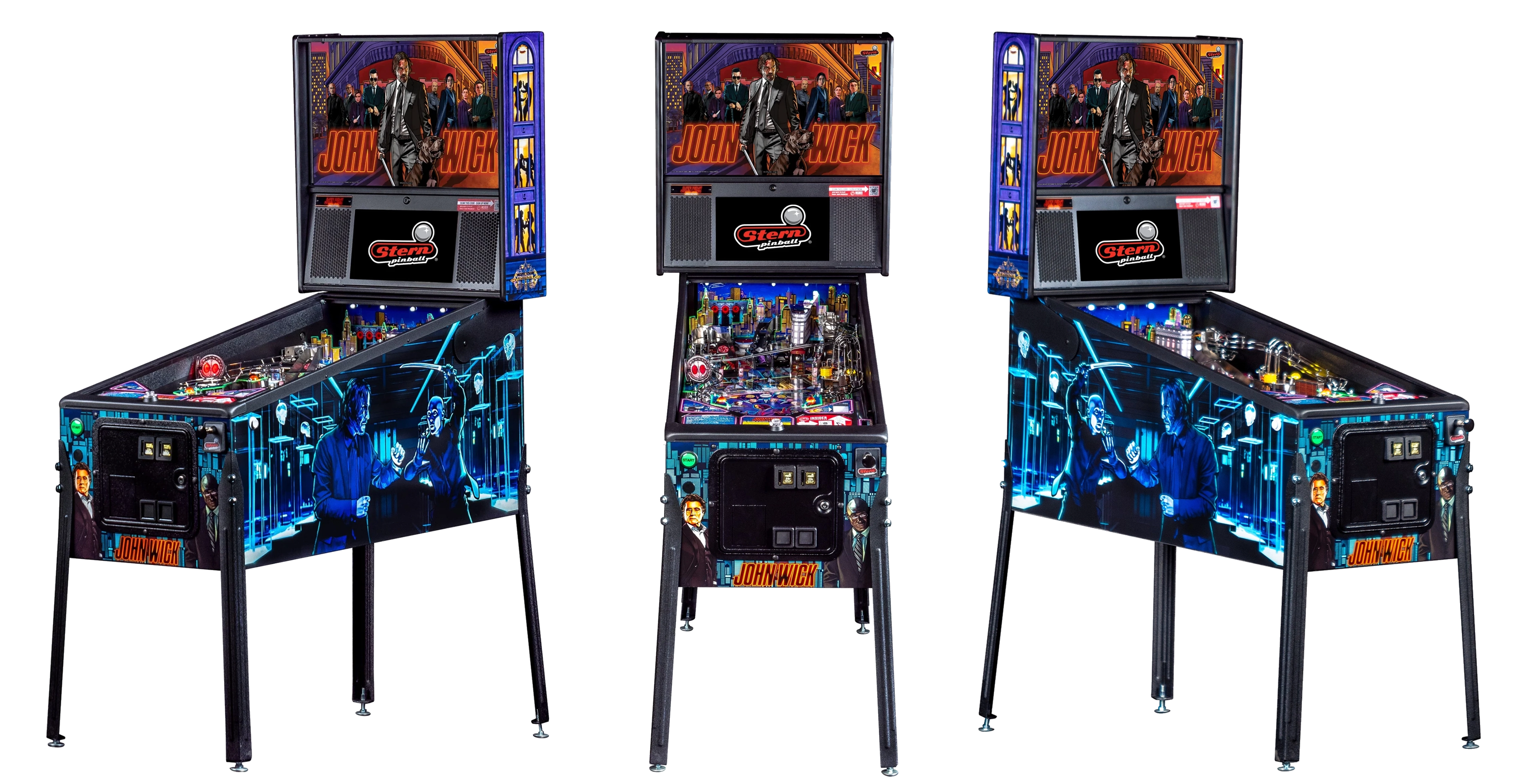 Left, Front, and Right facing cabinet images of John Wick Pro Pinball