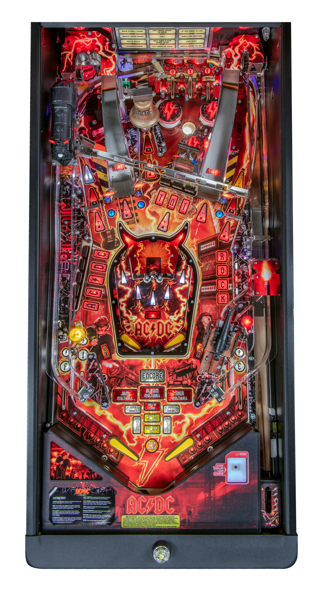 Top view of the playfield from the AC/DC Remastered Premium Edition by Stern Pinball