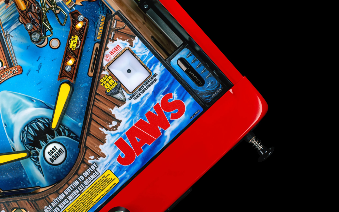 Glitter-enhanced artwork on Jaws Anniversary Edition pinball.